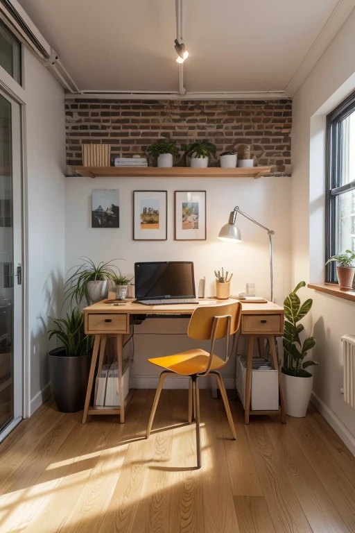 Help me create a small office, with oak colored MDF desk, comfortable white chair, frame with abstract painting in orange and yellow colors, a small potted plant, exposed brick wall, wood floor, plaster lining, warm lighting, silverware and books. ((detaileds)) ((Rendering)) ((Reality)) ((Precision)), boa iluminação.
