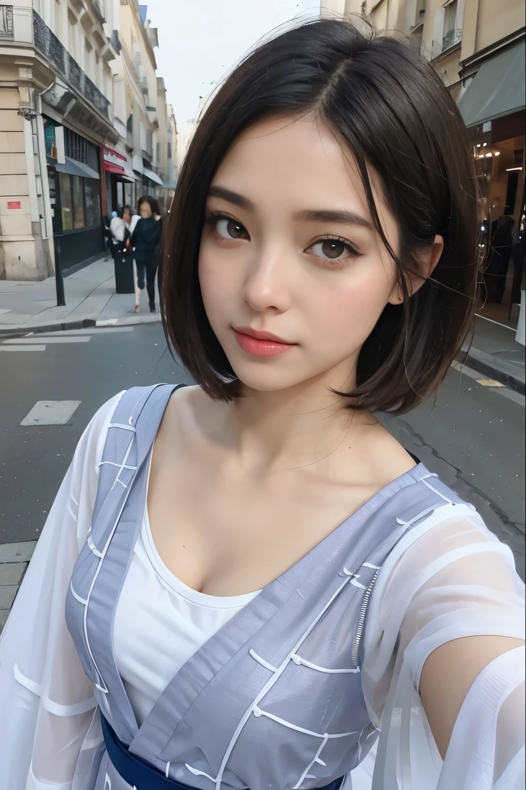 (highest quality, 16K, table top: 1.3)), 1 girl, sharp focus: 1.2, Beautiful woman with perfect body: 1.4, slim abs: 1.2, (((short bob hair)), ((big: 1.4)), ((Beautiful face idols: 1.3)), (Transparent cloth kimono 1.5)), Highly detailed face and skin texture, detailed eyes, double eyelid, (((stop)), (fascinating)), walking, The streets of Paris, low angle, Filmed from below