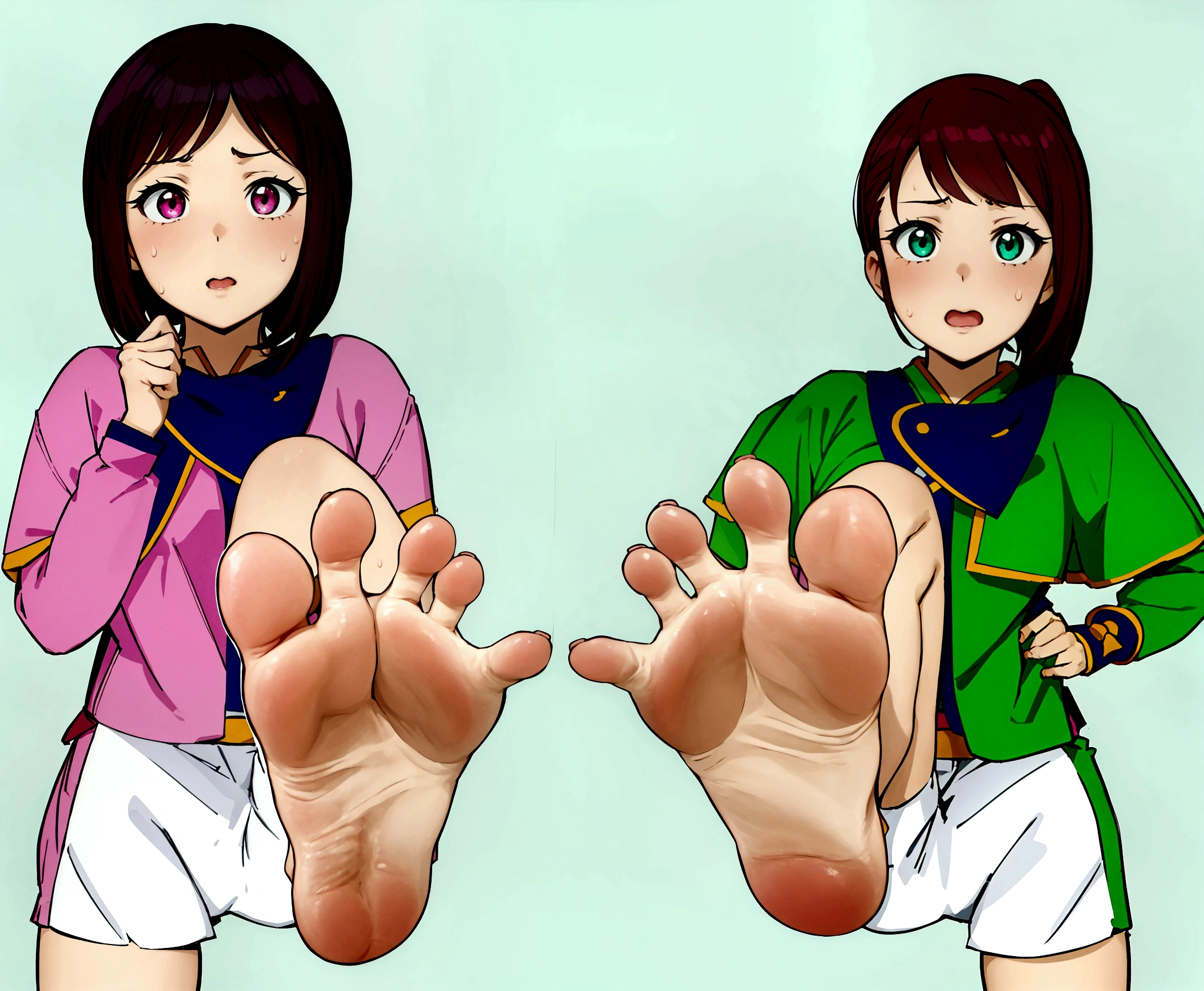 Anime girl sitting on a chair with Big Feet and pink shirt, Huge Art, Foot Art subjective, Detailed feet POV, Big Feet, Foot pose, Tifa, Foot Art, !!Very detailed!!, Her slender legs will amaze you.., Naughty anime style, High Sole, High Resolution Rate、barefoot、only, Sweaty Feet, mashin sentai kiramager, Kiramei Pink, Kiramei Green, onlyの拡大図,onlyを露出させる, 2 girls, Embarrassed look, Looking down