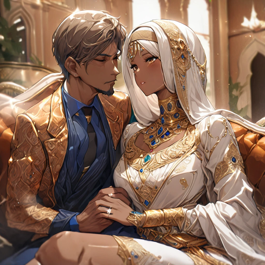 ((Highest quality)), ((masterpiece)), (detailed), （Perfect Face）、The woman is a Muslim Arab woman named Tsukino Usagi with vivid brown skin, and she is wearing a gorgeous, glittering Arab national costume with gold embroidery, a gorgeous hijab, a gorgeous hair ornament, gorgeous jeweled accessories and an engagement ring in a luxurious Islamic mansion. The woman and the man are sitting on a luxurious, large sofa in the luxurious room, and the woman is embracing and deeply kissing the dignified, bearded, middle-aged Arab Muslim man wearing Arab national costume, making love to each other.、The woman is the elegant Tsukino Usagi, with long blonde hair in a chignon twin tail, wearing Arab national dress and a gorgeous hijab. She is a Muslim Arab with vivid brown skin.、（The woman is a dark-skinned Arab Muslim named Tsukino Usagi）、The man is a Muslim, dignified, strong-looking, bearded, middle-aged Arab man wearing traditional Arab clothing.