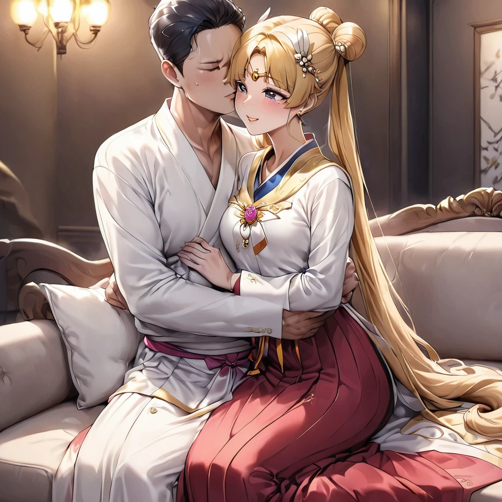 ((Highest quality)), ((masterpiece)), (detailed), （Perfect Face）、The woman is Korean Tsukino Usagi, and in a luxurious Korean mansion, she is wearing a gorgeous, dazzling traditional Korean dress called a hanbok, a gorgeous hair ornament, gorgeous jeweled accessories, and an engagement ring. The woman and the man are sitting on a gorgeous, large sofa in the luxurious room, and the woman is passionately embracing and passionately kissing the middle-aged Korean man wearing a dignified and sturdy hanbok, and while the man is fondling her breasts, they are making passionate love as a married couple.、The woman is the elegant Tsukino Usagi, a Korean woman with long blonde hair in a chignon twin tail, wearing the traditional Korean dress, Chima Chogori.、The man is a dignified, sturdy middle-aged Korean man wearing the traditional Korean dress, Hanbok.