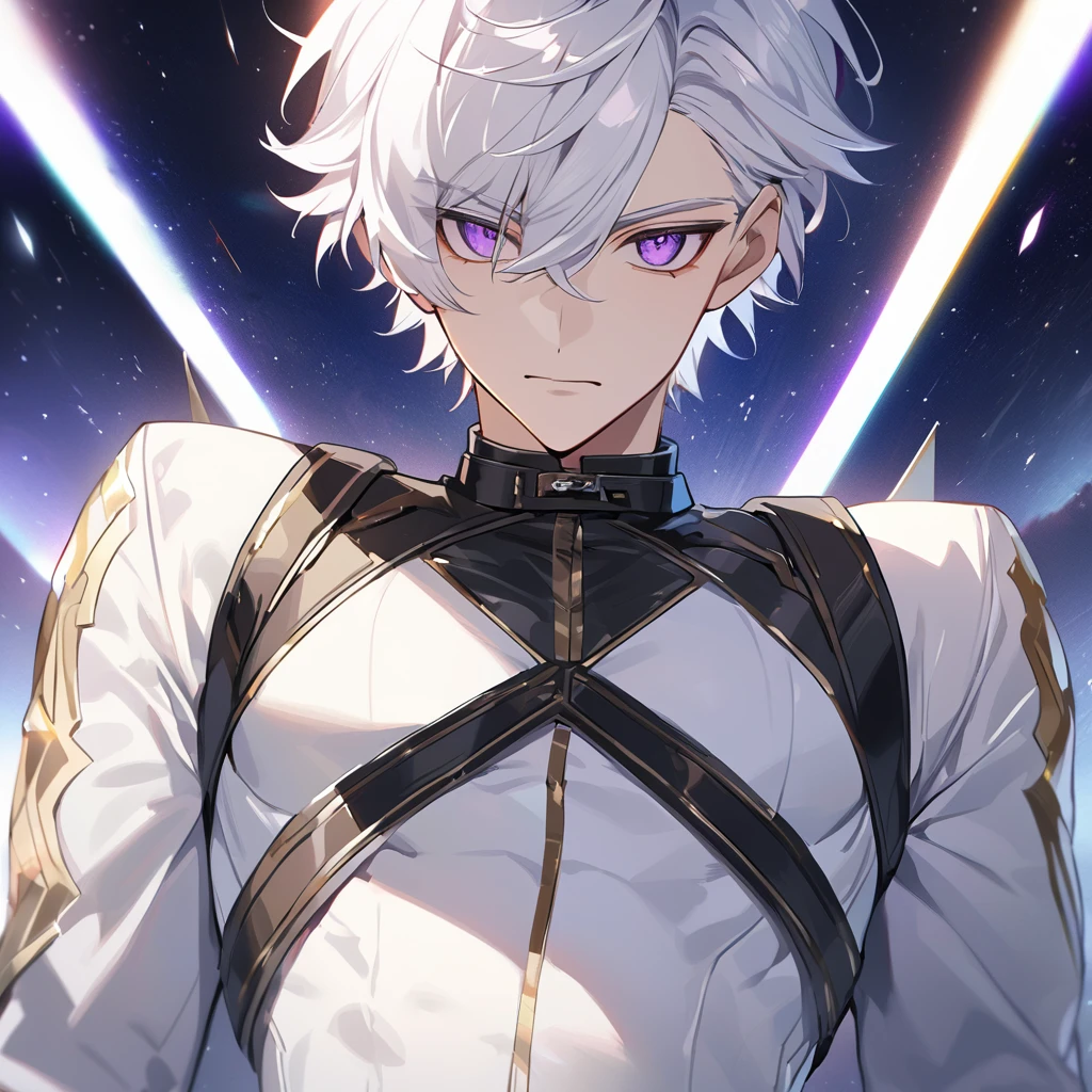 High quality, HD, 4k, no shadows, handsome male, 1male, 17 years old, teenager, golden lining, short white hair, sharp eyes, dark purple eyes, deep purple eyes, devil may cry, close up, calm expression, stoic expression, black leather clothes, white leather clothing, lean body, well trained body, upper body, looking at viewer, cowboy shot, white solar, space background