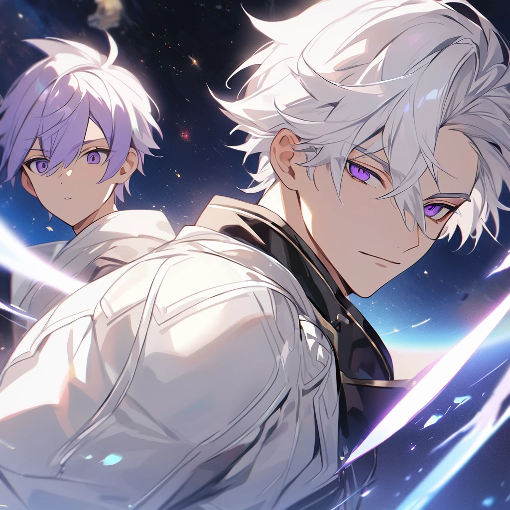 High quality, HD, 4k, no shadows, handsome male, 1male, 17 years old, teenager, golden lining, short white hair, sharp eyes, dark purple eyes, deep purple eyes, devil may cry, close up, calm expression, stoic expression, black leather clothes, white leather clothing, lean body, well trained body, upper body, looking at viewer, cowboy shot, white solar, space background
