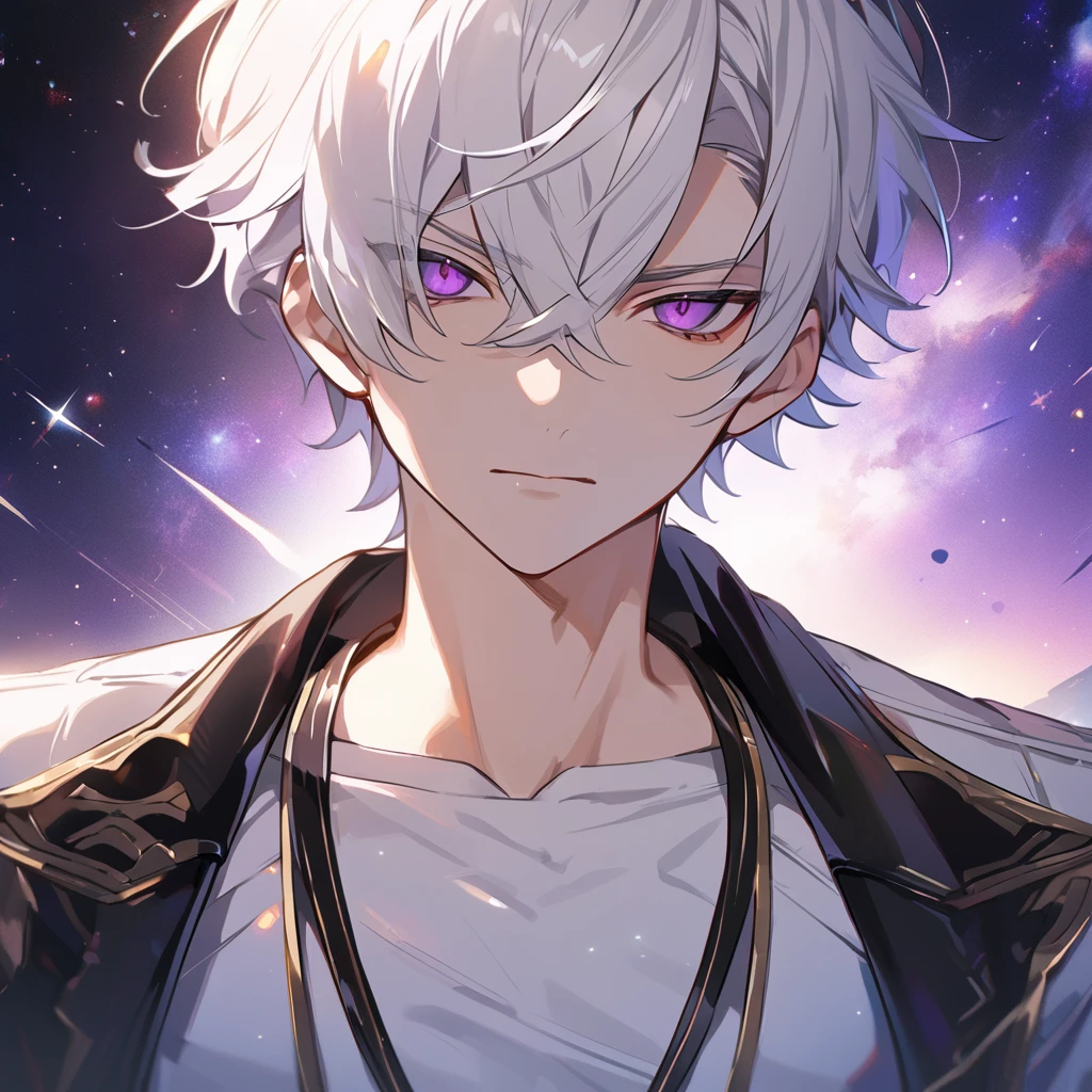 High quality, HD, 4k, no shadows, handsome male, 1male, , teenager, go lining, short white hair, sharp eyes, dark purple eyes, deep purple eyes, devil may cry, close up, calm expression, stoic expression, black leather clothes, white leather clothing, lean body, well trained body, upper body, looking at viewer, cowboy shot, white solar, space background