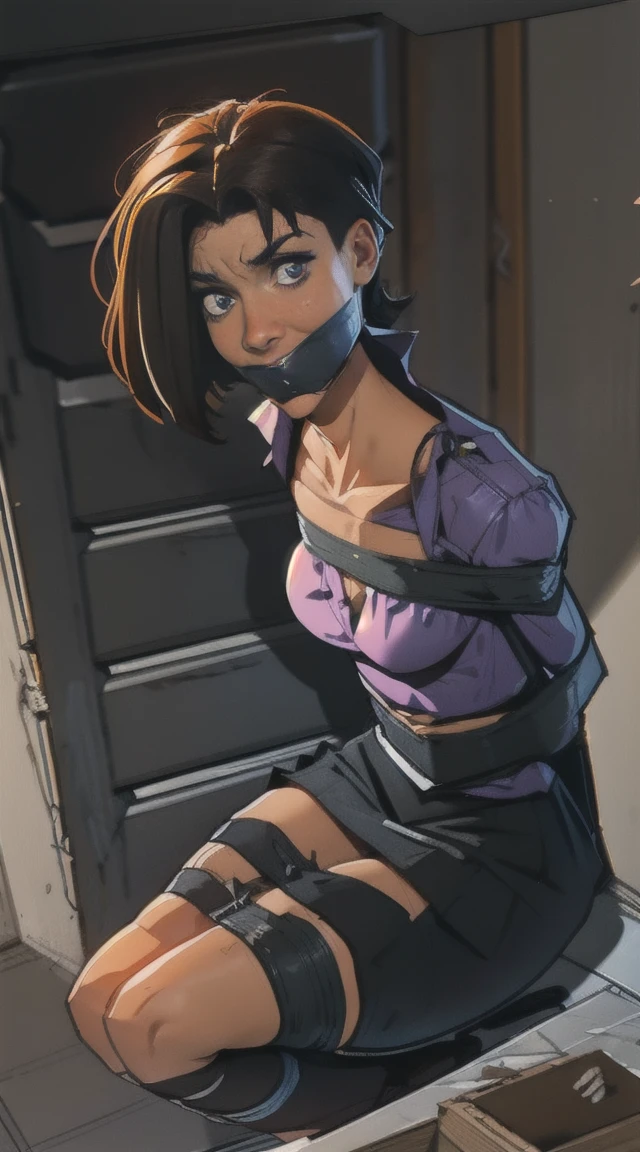 Highest quality, high resolution, looking at viewer, 1 woman with chin length hair, short hair, dark bob cut, thick hair, center part, undercut nape, stacked bob, voluminous hair, in her 30s, purple blouse, knee length, skirt, dark stockings, and calf boots, baggy blouse, wrinkled clothing, photo realistic, video game cut scene, smooth, detailed face, perfect skin, beautiful, Insanely detailed, (taped mouth), tape gag, gag, gagged, mouth taped, arms bound behind back, elbows taped, wrists taped, taped legs, taped arms, knees taped, frightened, pleading eyes, desperate escape attempt, , dingy basements, dilapidated interiors, decaying walls, blood stains,  body bags, trash bags, plastic tarps, saws and other tools, bloody tools, (bodies wrapped in plastic), flickering lights, creepy atmosphere, true crime, peril, kill room, impending rape, cinematic, anime, cowboy shot, wide shot, from above, award wining, masterpiece, super detail, detailed  background, anatomically correct, best quality, 16k