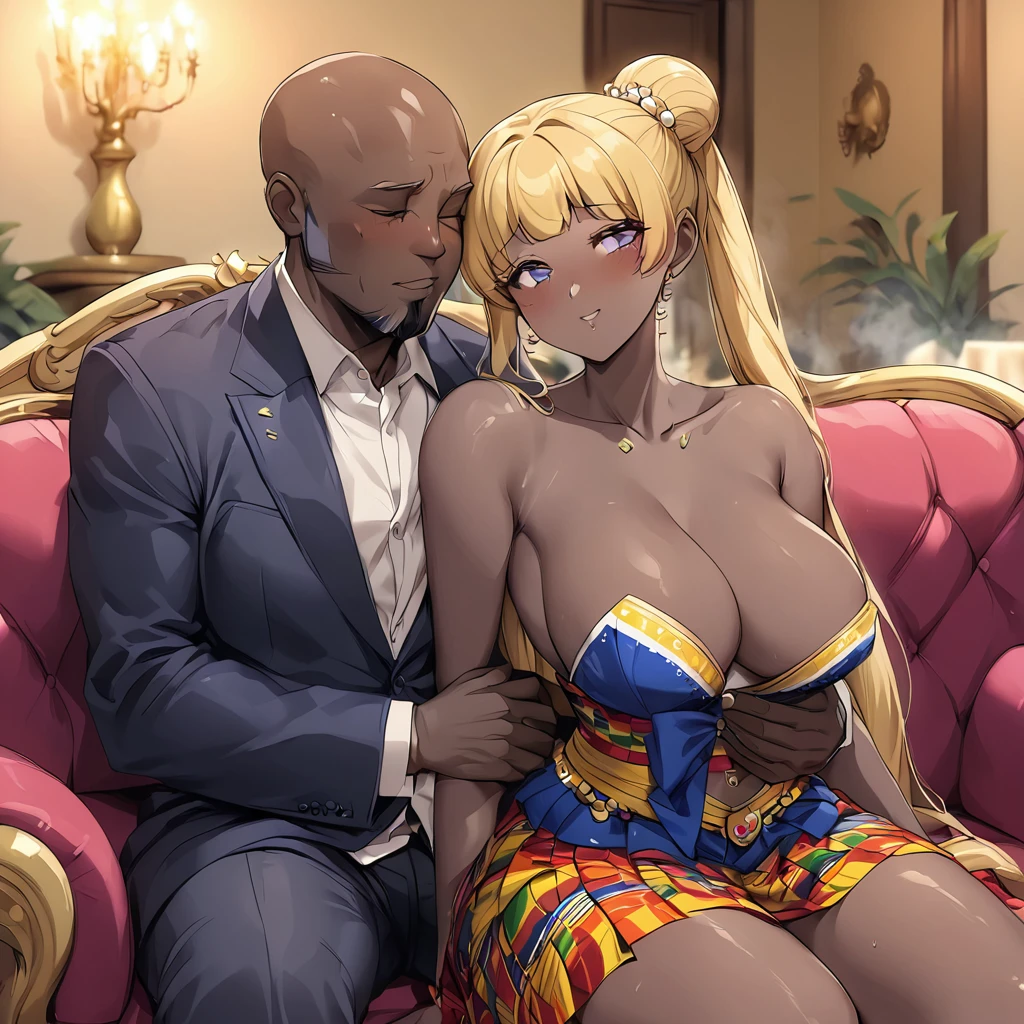 ((Highest quality)), ((masterpiece)), (detailed), (Perfect Face)、The woman is a black Ghanaian with vivid dark skin, Tsukino Usagi, and is wearing a gorgeous, colorful, glittering Ghanaian traditional costume in a luxurious Ghanaian mansion, with gorgeous jeweled accessories and an engagement ring. The woman and the man are sitting on a luxurious, large sofa in the luxurious room, and the woman is embracing and kissing the dignified, bearded, middle-aged Ghanaian man wearing Ghanaian traditional costume, making love to each other.、The woman is the elegant Tsukino Usagi, with long blonde hair in a chignon twin tail, and a vivid dark-brown skin and a colorful Ghanaian national costume.、(The woman is a black Ghanaian with vivid dark brown skin.)、The man is a dignified, sturdy, bearded Ghanaian man wearing the Ghanaian national dress, Kente.