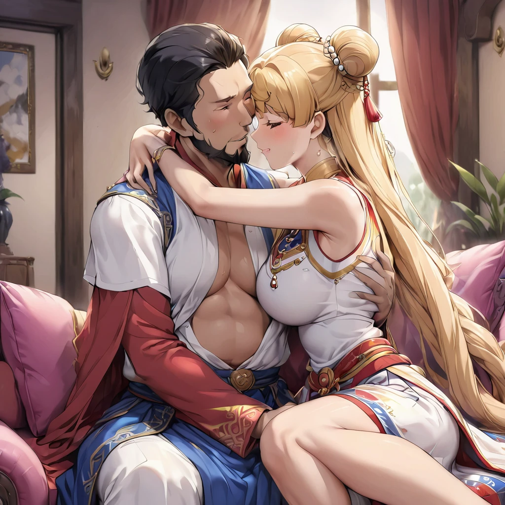 ((Highest quality)), ((masterpiece)), (detailed), (Perfect Face)、The woman is a Mongolian woman named Tsukino Usagi, and is wearing a gorgeous and colorful Mongolian national dress called Dale in a Mongolian mansion, with gorgeous jeweled accessories and an engagement ring. The woman and the man are sitting on a gorgeous, large sofa in the luxurious room, and the woman is embracing and kissing a dignified, bearded middle-aged Mongolian man wearing a Mongolian national dress, making love to each other.、The woman is the elegant Tsukino Usagi, with her long blonde hair in a chignon twin tail, and wearing the colorful Mongolian national costume, the Mongolian Tsukino Usagi.、The man is a dignified, sturdy, bearded Mongolian man wearing Mongolian national dress.