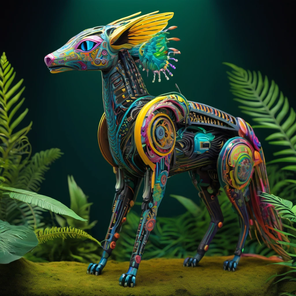 Future genetic engineering will incorporate living organisms into your artwork, Covered by fauna, flora. Alebrije, artwork, hiper HD, Axonometric view, Jungles. cyberpunk