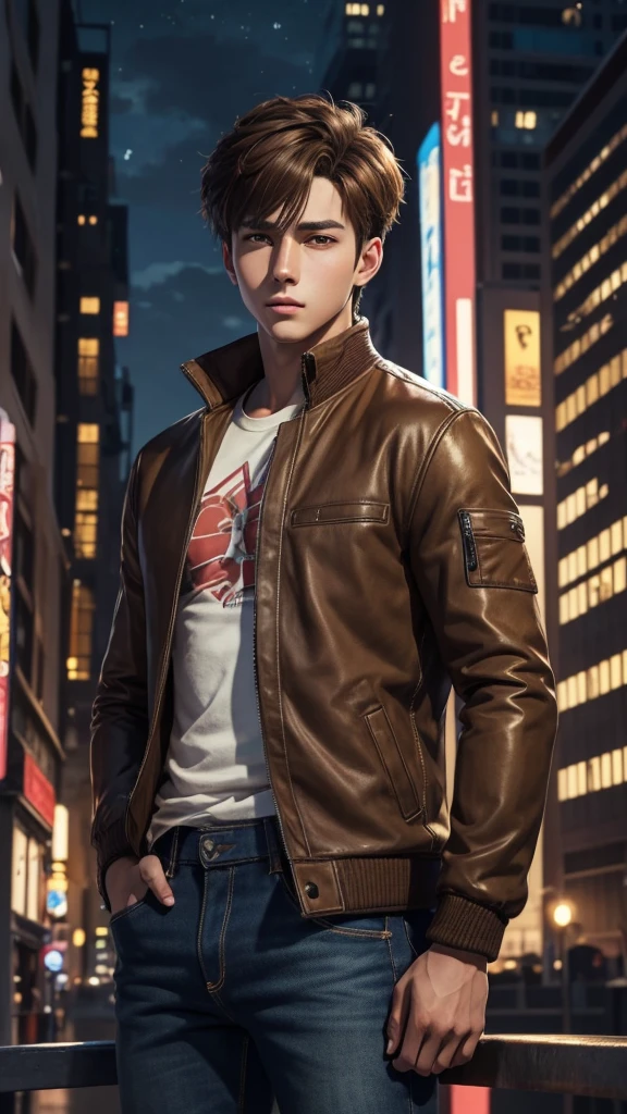 Anime, masterpiece, best quality, extremely detailed, hyperrealistic, photorealistic, Anime young boy 20 years, brown jacket, jeans, perfect face, brown hairs, realistic skin, ultra detailed face:1.1, modern city, night, megapolis, serios