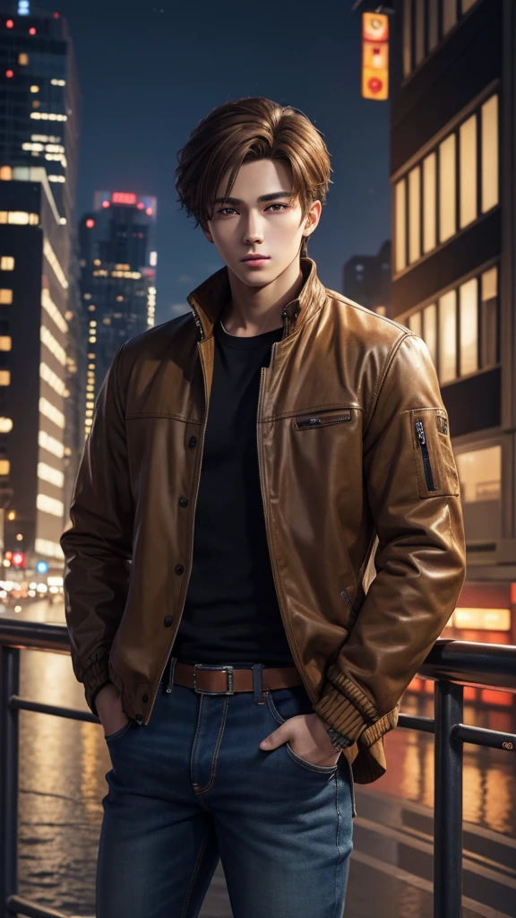 Anime, masterpiece, best quality, extremely detailed, hyperrealistic, photorealistic, Anime young boy 20 years, brown jacket, jeans, perfect face, brown hairs, realistic skin, ultra detailed face:1.1, modern city, night, megapolis, serios