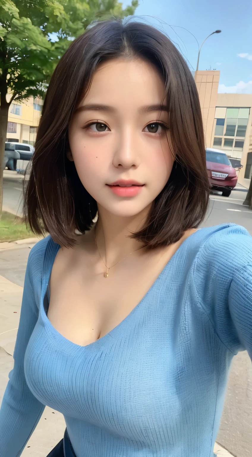 ((best picture quality, 8K, masterpiece:1.3)), 1 girl, Beautiful woman with slim abs:1.3, (casual hairstyle, Big Tits No Leaking:1.1), V-neck sweater, casual wear,ultra fine face, eye for detail, double eyelid,smile,distance,Beloved,chapped lips,korean girls,baby face