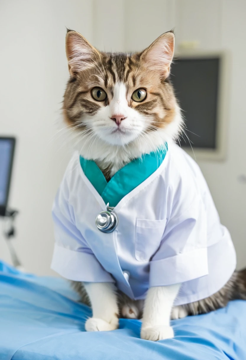 A cat in a medical uniform, working in a hospital