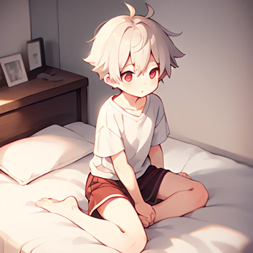 cute boy, Boy 1, 10 years old, Pinkish white skin, Short black hair, two-block style., red eyes, Wear shorts., Take off your shirt.., sitting on the bed,