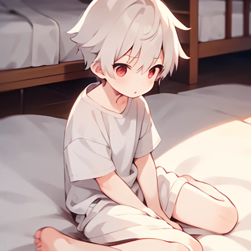 cute boy, Boy 1, 10 years old, Pinkish white skin, Short black hair, two-block style., red eyes, Wear shorts., Take off your shirt.., sitting on the bed,