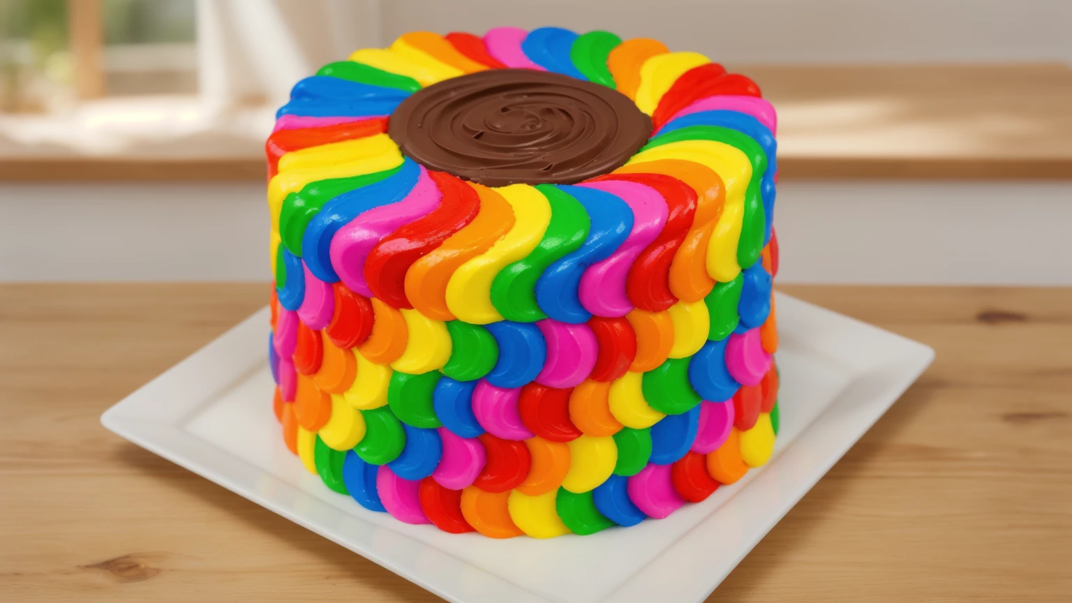 on a wooden table. there is a square white plate. rainbow cream cake. smears of cream in a checkerboard pattern, hole with chocolate drips on top,  ((cream highlights)), against the background of the kitchen, Kitchenware, vases with plants, Beautiful light from the window, contour light, Multiple light sources, beautiful sunlight, Bright light source, bright lighting, beautiful light sources, Multiple light sources, Realistic style , realistic texture, detailed texture, A high resolution, high quality, macro photography 