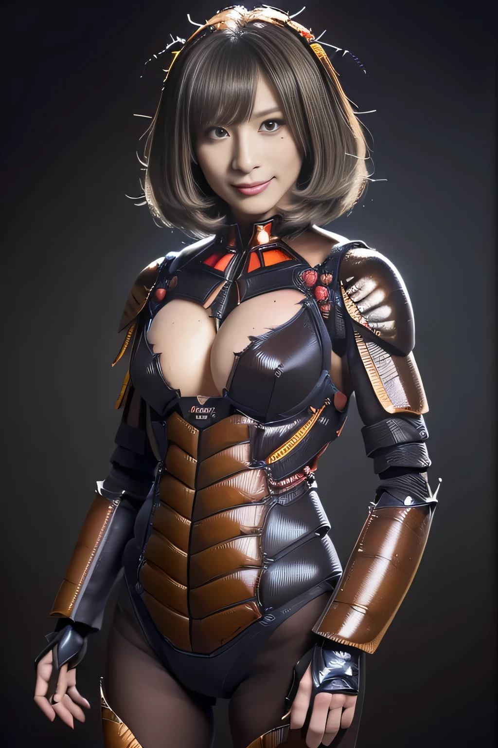 (high resolution,masterpiece,best quality,extremely detailed CG, anime, official art:1.4), realistic, photo, amazing fine details, all intricate, gloss and shiny,awesome many layers, 8k wall paper, 3d, sketch, kawaii, illustration,( solo:1.4), perfect female proportion,villainess, (fusion of dark brown cockroach and lady:1.4), (brown cockroach form lady:1.2), (brown cockroach lady:1.2), (fusion:1.2), (solo:1.4), (evil smile:1.2), muscular, abs, (cockroach brown exoskeleton bio insect suit:1.4), (cockroach brown exoskeleton bio insect armor:1.2), (brown transparency cockroach wing:1.4), (brown cockroach antennae:1.3),