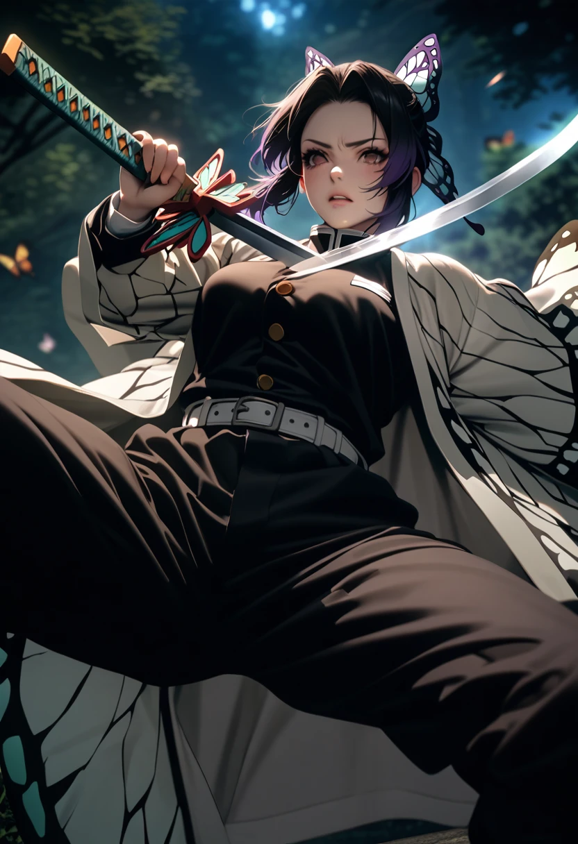 k0ch0ush1n0bu, shinobu kochou, animal print, black hair, butterfly, butterfly hair ornament, butterfly print, forehead, gradient hair, hair ornament, haori, multicolored hair, parted bangs, purple hair, short hair, two-tone hair,belt, black pants, butterfly print, coat, demon slayer uniform, haori, japanese clothes, pants, uniform,,1  japanese muscular girl,perfect hands,perfect anatomy, masterpiece, best quality,realistic, hyperrealistic, 16k hdr,medium breasts,outdoor,night,japanese old garden,(angry:0.8),red blush,dynamic pose,dynamic angle,(jump,in the air:1.2),(from below,spread legs:1.2),(holding japanese sword,butterfly shaped sword guard:1.3) 