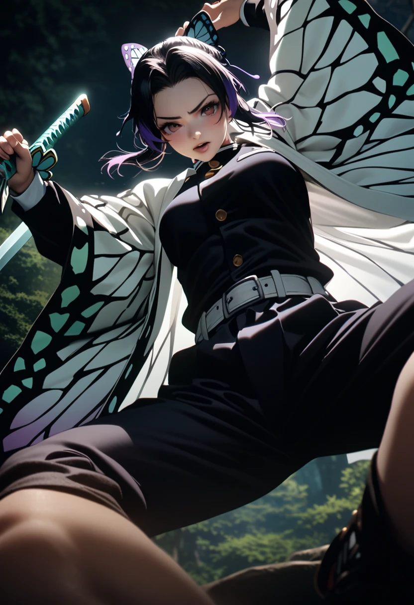 k0ch0ush1n0bu, shinobu kochou, animal print, black hair, butterfly, butterfly hair ornament, butterfly print, forehead, gradient hair, hair ornament, haori, multicolored hair, parted bangs, purple hair, short hair, two-tone hair,belt, black pants, butterfly print, coat, demon slayer uniform, haori, japanese clothes, pants, uniform,,1  japanese muscular girl,perfect hands,perfect anatomy, masterpiece, best quality,realistic, hyperrealistic, 16k hdr,medium breasts,outdoor,night,japanese old garden,(angry:0.8),red blush,dynamic pose,dynamic angle,(jump,in the air:1.2),(from below,spread legs:1.2),(holding japanese sword,butterfly shaped sword guard:1.3) 