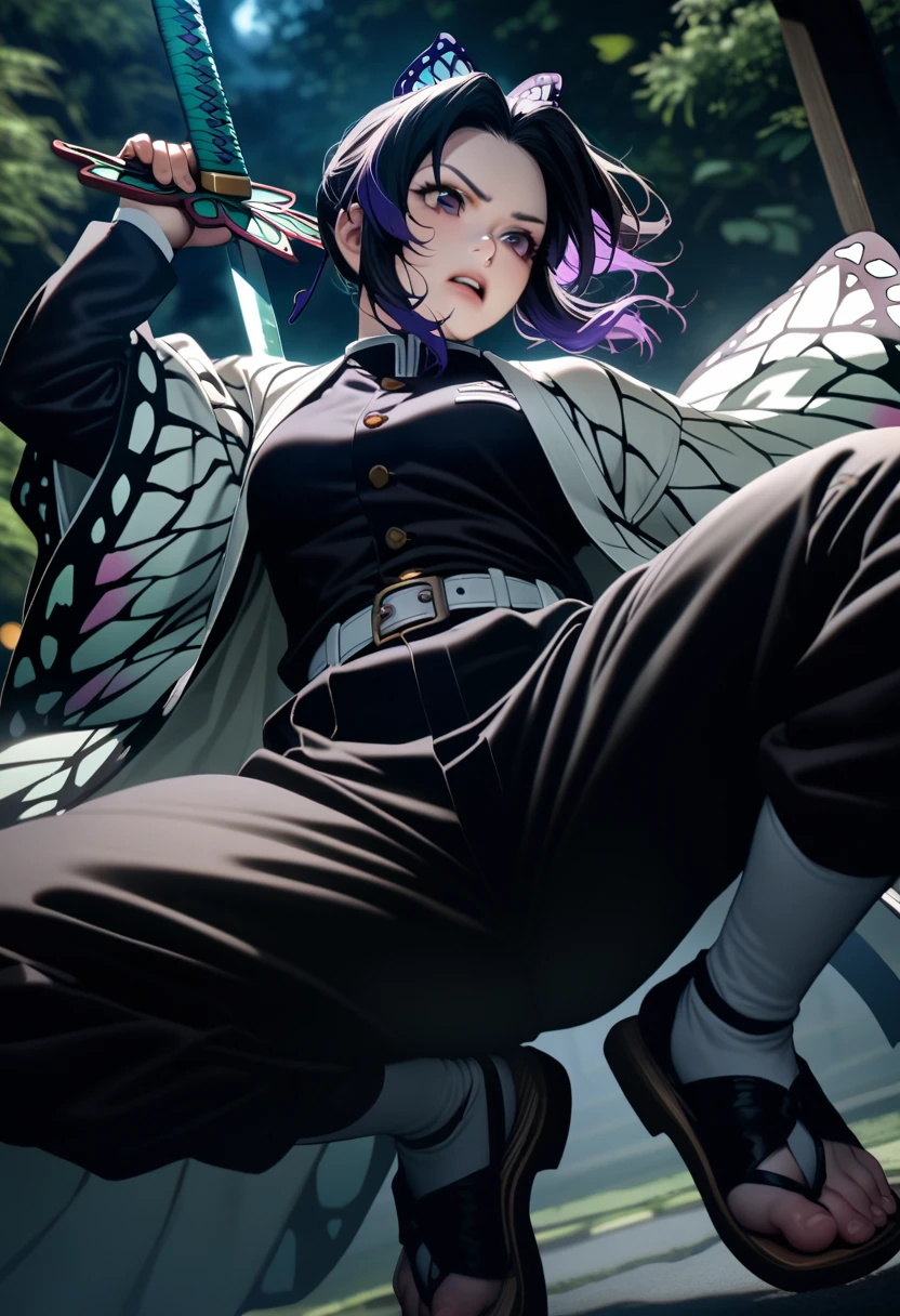 k0ch0ush1n0bu, shinobu kochou, animal print, black hair, butterfly, butterfly hair ornament, butterfly print, forehead, gradient hair, hair ornament, haori, multicolored hair, parted bangs, purple hair, short hair, two-tone hair,belt, black pants, butterfly print, coat, demon slayer uniform, haori, japanese clothes, pants, uniform,,1  japanese muscular girl,perfect hands,perfect anatomy, masterpiece, best quality,realistic, hyperrealistic, 16k hdr,medium breasts,outdoor,night,japanese old garden,(angry:0.8),red blush,dynamic pose,dynamic angle,(jump,in the air:1.2),(from below,spread legs:1.2),(holding japanese sword,butterfly shaped sword guard:1.3) 