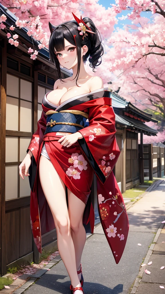 Black hair geisha hairstyle adult women,kimono,Off-shoulder,cleavage,Bare Legs,Japanese Street,Cherry blossoms