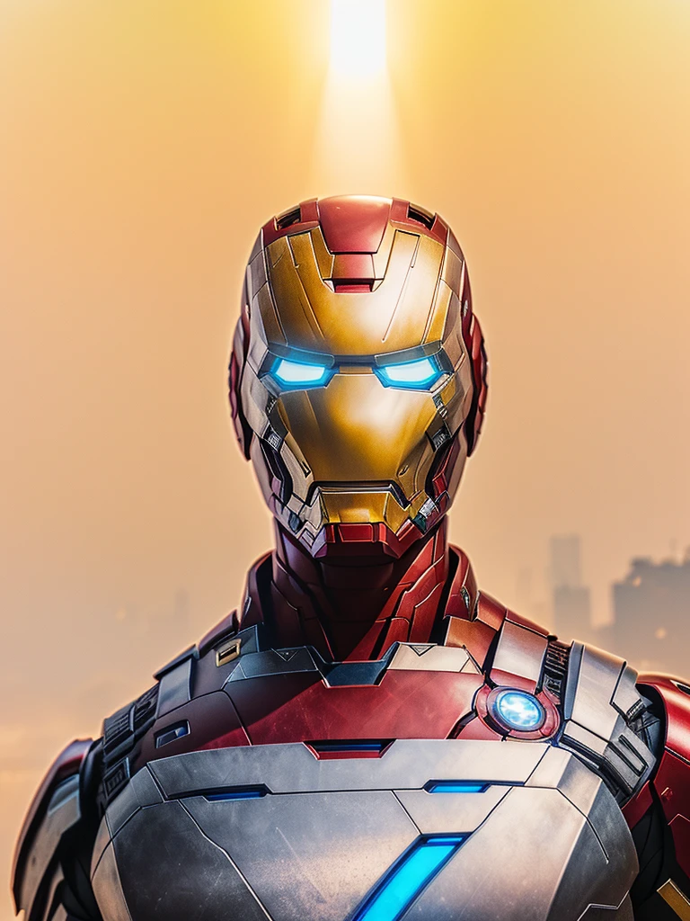 a hyper realistic, middle aged man wearing an avenger iron man costume, straight face, looking directly at the camera, masterpiece, photorealistic, 8k, hyper detailed, cinematic lighting, dramatic shadows, vibrant colors, high contrast, unreal engine, digital art, concept art