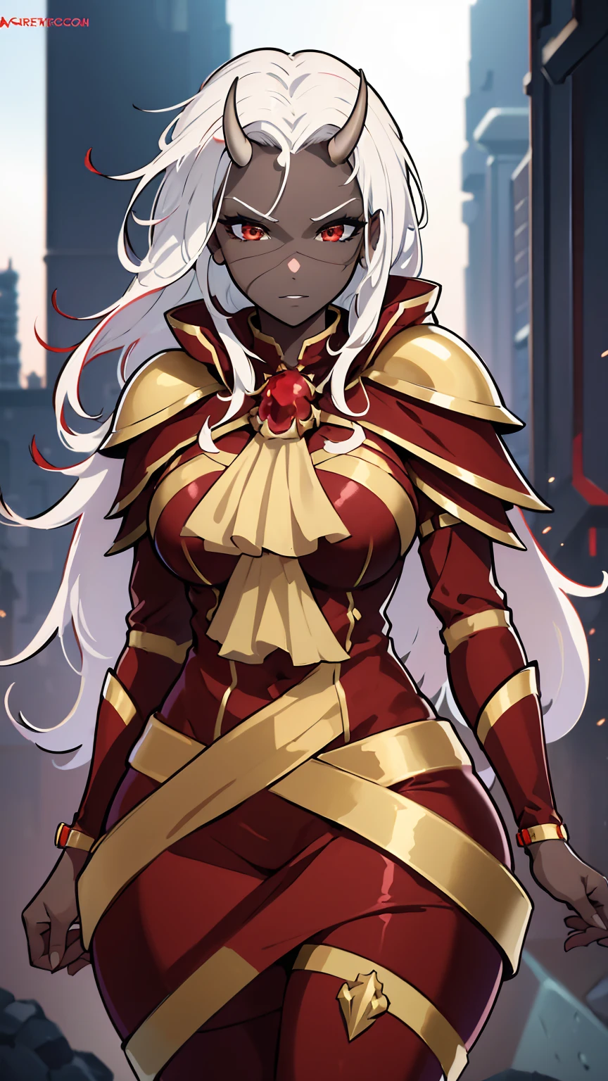 1 girl,dark skin,white armor,red golde crobes,huge breasts,open bust,white hair,colored skin,large breasts,busty,high resolution,4k,futuristic,horns,calamitas,gamer,horns,look atviewer, sinister,smug,hi quality,top quality,perfect body,artstation