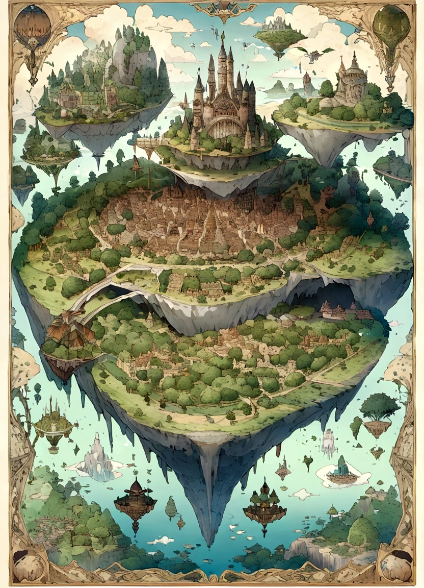 Many flying islands々, Flying Island々, Flying Kingdom, Floating Island, Floating Area,  Ancient fantasy, 非常にDetailed map, Detailed map, Height Map magic Floating Island, Castles and towers, Waterfall in the air,