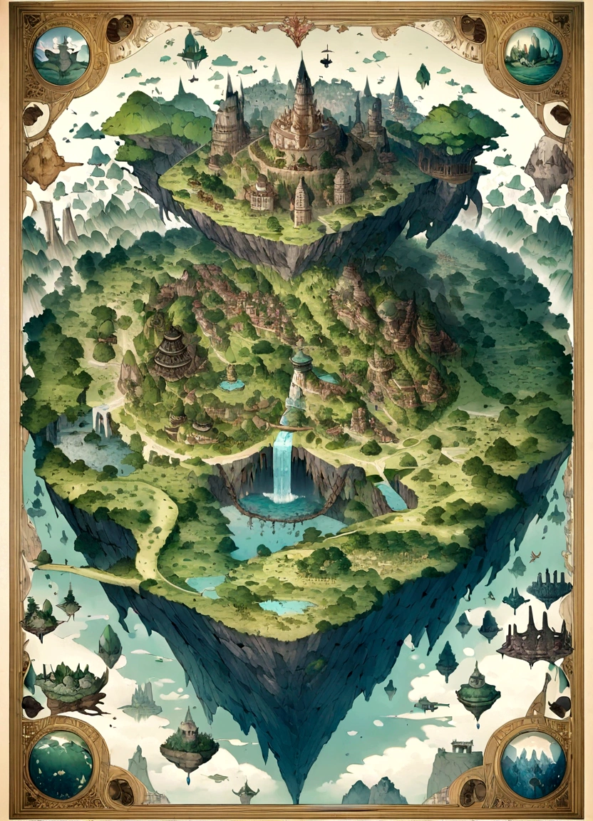 Many flying islands々, Flying Island々, Flying Kingdom, Floating Island, Floating Area, Ancient fantasy, 非常にDetailed map, Detailed map, Height Map magic Floating Island, Castles and towers, Waterfall in the air,