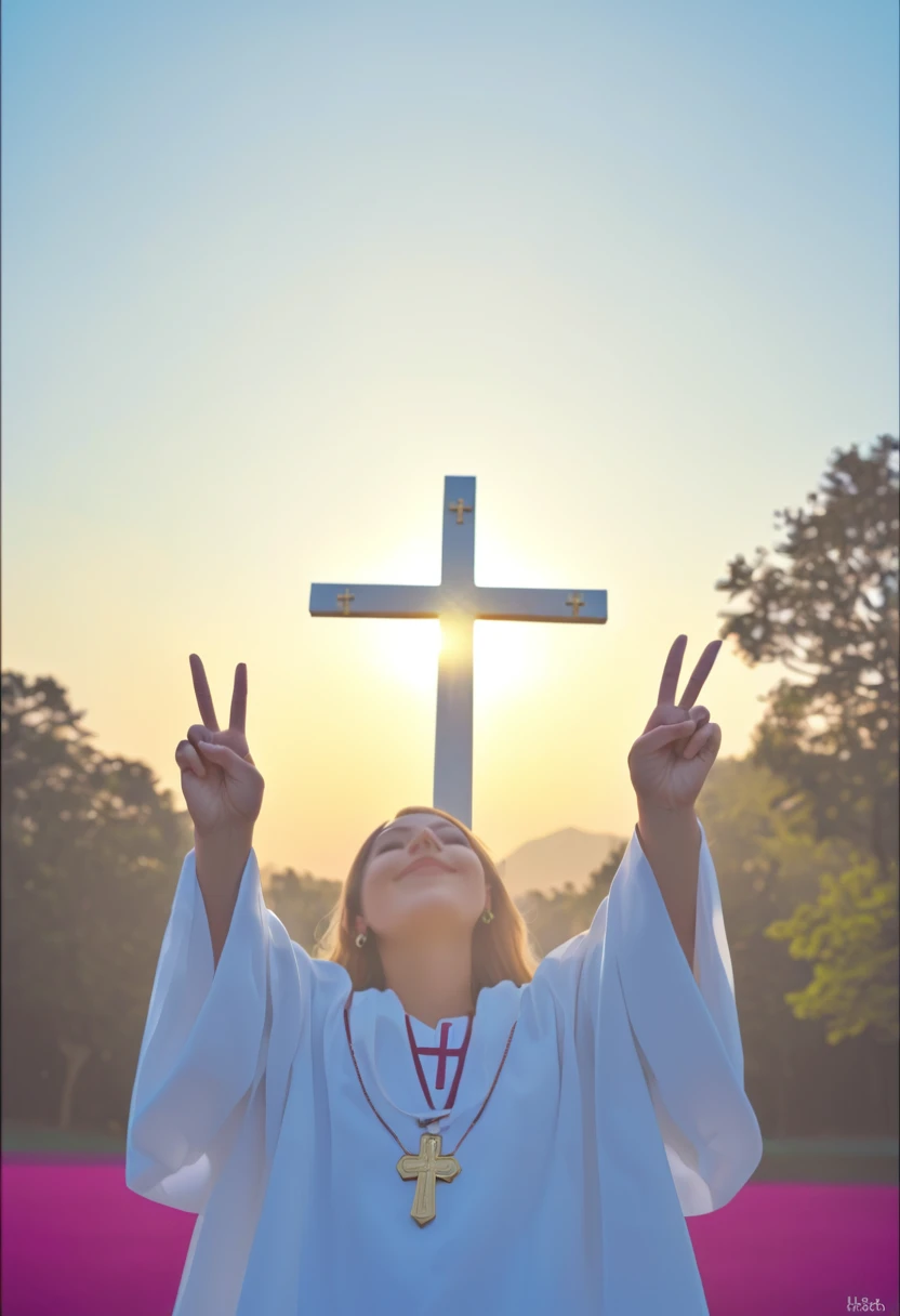 Make images that use soft, calm colors, como azul claro, offwhite, doradas, Include an image that represents prayer, peace and spirituality, Uma paisagem serena, and a relevant religious symbol such as the cross
