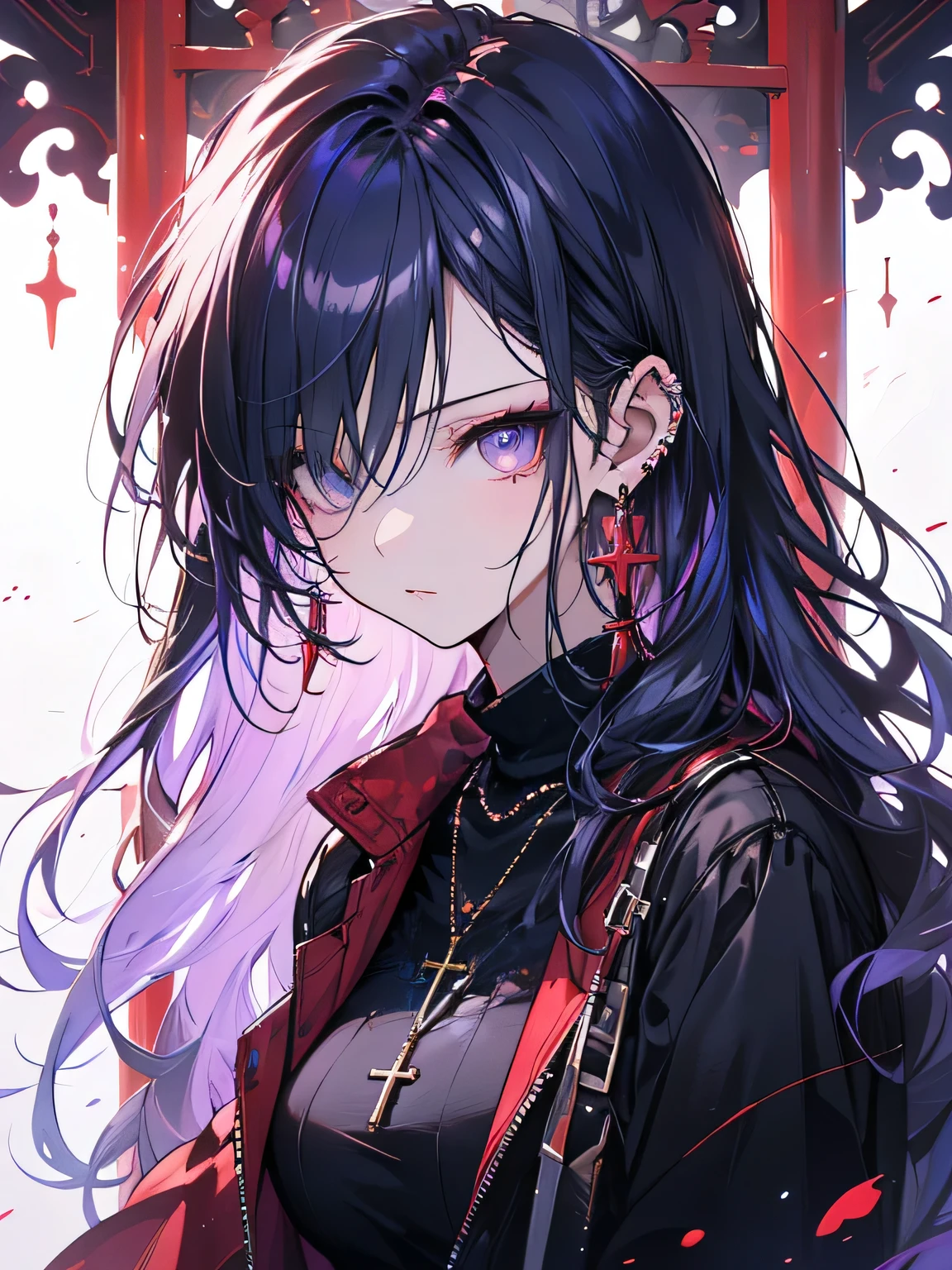 The middle of the road,(((Super detailed, 8K quality))),,hair over one eye, Red eyes, clear eyes, necklace, open jacket,anime style, portrait photography in cinema, 1 woman, 22 years ago,sit on chair、cross your legs、blue eyes background, large and full breasts, Anger, (scarlet hair), long hair, purple eyes, in a short black dress, (Natural skin texture bright details, surreal, (Realistic detailed eyes, Natural skin texture, Realistic facial details), Depth of written border, hips, bright details, surreal, 35mm film, Foggy blur, ,pomade, ear piercing, eyeshadow, earrings rings, red pink lips, Multicolored red eyes, purple theme,Wear an iridescent aura,Beautiful eyes,stand in front of the red gate、leaning forward,Hanging bangs,sit,sunglasses、White and purple are the primary colors.