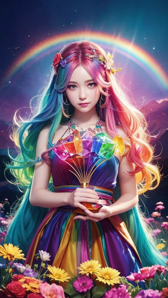 The image you provided appears to be a digital artwork featuring a character with vibrant, multi-colored hair holding a crystal. The background is filled with colorful elements like rainbows and flowers, creating a whimsical and fantastical atmosphere.
Waiting to start 
