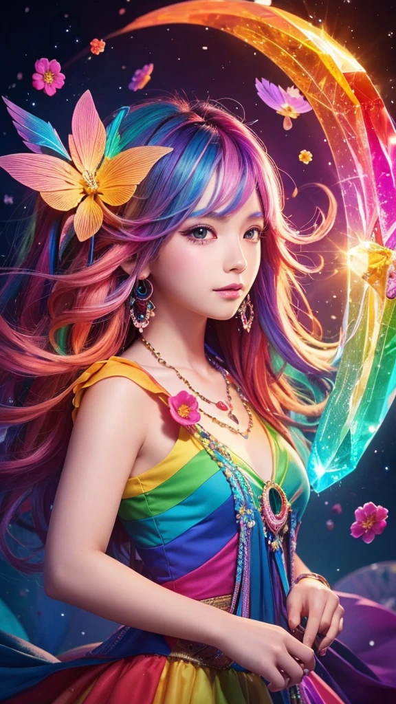 The image you provided appears to be a digital artwork featuring a character with vibrant, multi-colored hair holding a crystal. The background is filled with colorful elements like rainbows and flowers, creating a whimsical and fantastical atmosphere.
Waiting to start