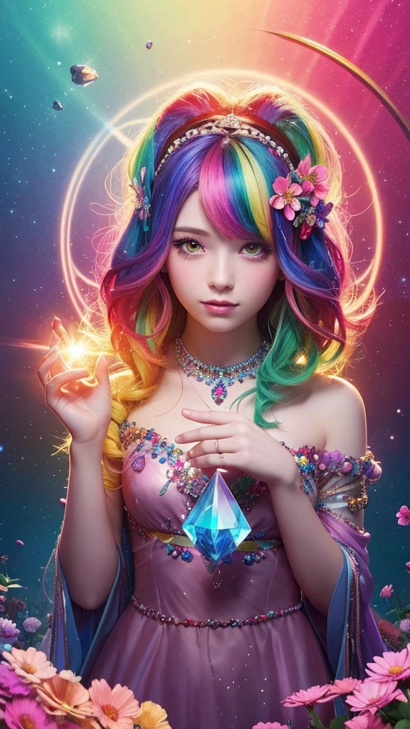 The image you provided appears to be a digital artwork featuring a character with vibrant, multi-colored hair holding a crystal. The background is filled with colorful elements like rainbows and flowers, creating a whimsical and fantastical atmosphere.
Waiting to start