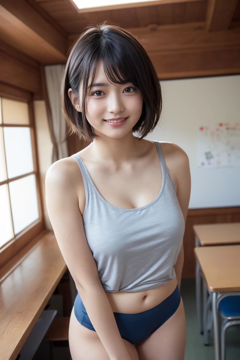 (One Girl:1.3), short hair, Japanese high school students, Great face and eyes, Looking into the camera, A joyful smile、Showing teeth、 (Highest quality:1.4), Very detailed CG 統合 8k 壁紙, Very detailed, High-resolution RAW color photos, Professional photography, Realistic full body shot, Studio shot、Plain Wallpaper, Portrait of sexy girl, Open exterior, (Looking down, View in Viewer:1.0), (From below:1.0),(((topless))),Pleated skirt,Thighs,classroom、Sit on a chair、Place your hands on the desk、Note、Holding a pencil、