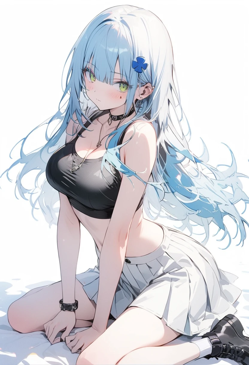 （(1girl)），(((high resolution)))，straight hair,large breatst,(Masterpiece)，(Super detailed)，Simple Background，White background，Cool look,((hk416)) ，Expressionless face，（(Sky blue hair,Straight bangs))，((long hair))，big breasts,Teenage Girls,Clear Eyes，(Green Eyes),Clear white skin,Great graphics,((full body)),((mini skirt))