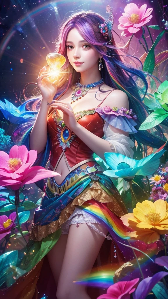 The image you provided appears to be a digital artwork featuring a character with vibrant, multi-colored hair holding a crystal. The background is filled with colorful elements like rainbows and flowers, creating a whimsical and fantastical atmosphere.
Waiting to start