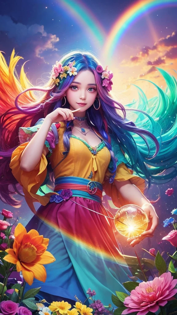 The image you provided appears to be a digital artwork featuring a character with vibrant, multi-colored hair holding a crystal. The background is filled with colorful elements like rainbows and flowers, creating a whimsical and fantastical atmosphere.
Waiting to start
