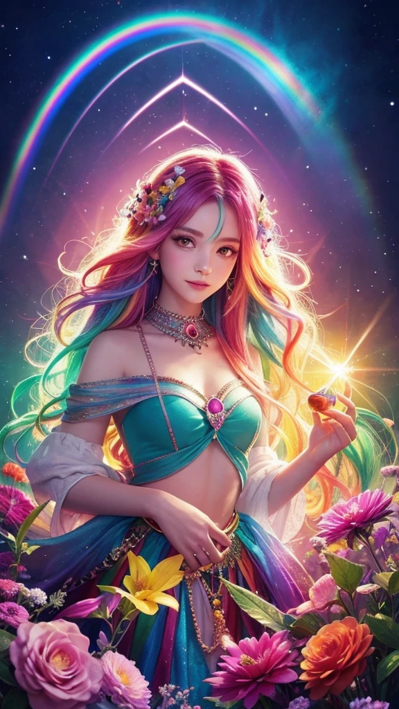 The image you provided appears to be a digital artwork featuring a character with vibrant, multi-colored hair holding a crystal. The background is filled with colorful elements like rainbows and flowers, creating a whimsical and fantastical atmosphere.
Waiting to start
