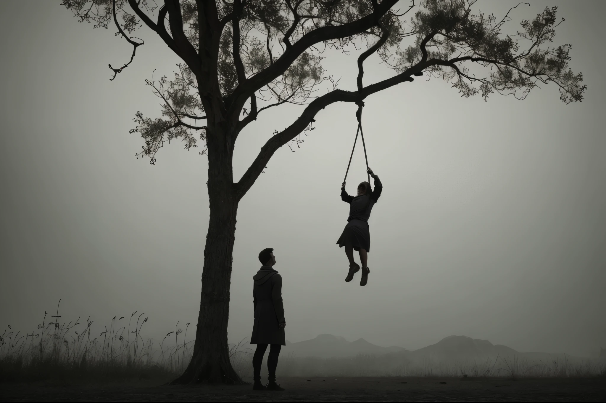 A haunting masterpiece, of unparalleled quality, showcasing a tragic scene of a teenage girl hanging from a tree. The rope around her neck, reminiscent of a hangman's noose, is rendered in exquisite detail, a testament to the artist's skill. The atmosphere is horrific, laden with sadness and a profound sense of melancholy. The girl's torn clothing is rendered with vibrant colors, contrasting starkly with the somber scene.

The dramatic lighting, inspired by chiaroscuro, creates a cinematic atmosphere, with deep shadows and highlights that evoke a moody, gritty, and dark gothic ambiance. [The character is surrounded by mist, evoking a mysterious and eerie atmosphere. The lighting is dark and atmospheric, with a red smoke adding a touch of sinister ambiance. The image is of the best quality, with a resolution of 4k and HDR enhancement, showcasing the utmost level of detail and realism, sfw, full body shot.]. [8K, Best Quality, Masterpiece, Ultra High Resolution, (highly detailed CG unity 8k wallpaper), (best photo), (best shadows), isometric 3D, octane rendering, ray tracing, highly detailed, (Best quality, 4K, 8k, A high resolution, masterpiece:1.2), absurdity, masterpiece, ultra detailed, (realistic, photorealistic, photorealistic:1.37), complex parts, HDR, (complex parts:1.12), (hyper detailed, hyper realistic, Soft lighting, spicy:1.2), (complex parts, Hyper detailed:1.15). Blurred foreground. (backlit), realistic, masterpiece, high quality, brightness, chromatic aberration, 8k uhd, some smoke, shadows, contrast, clear sky, (warm hue, warm tone), high details, natural reflections]. 