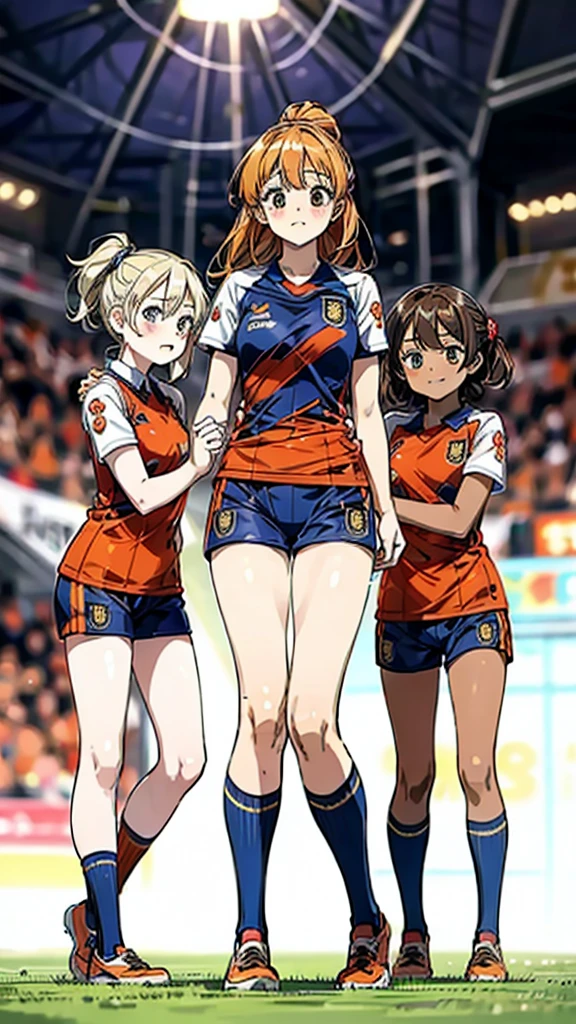 three woman,group shot,squat,open legs,torn uniform,background soccer field,orange color