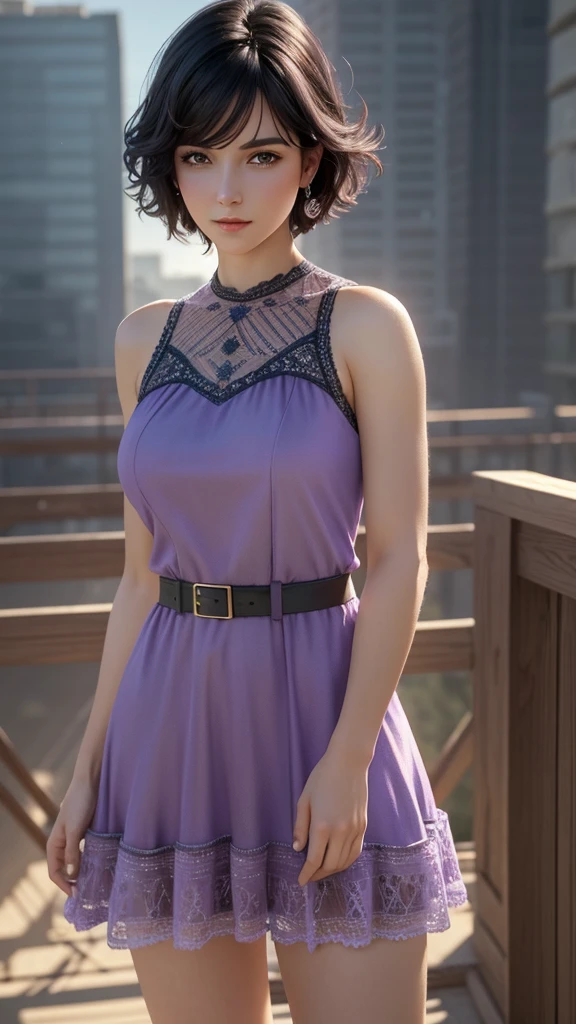 One girl, cowboy shot of beautiful There is, View your viewers, Light purple dress, Black Hair, blush, Short Bob, Sports Day Night, Volumetric lighting, Highest quality, masterpiece, Intricate details, Tone Mapping, Sharp focus, Super detailed, Trending on Art Station, There is, Realistic