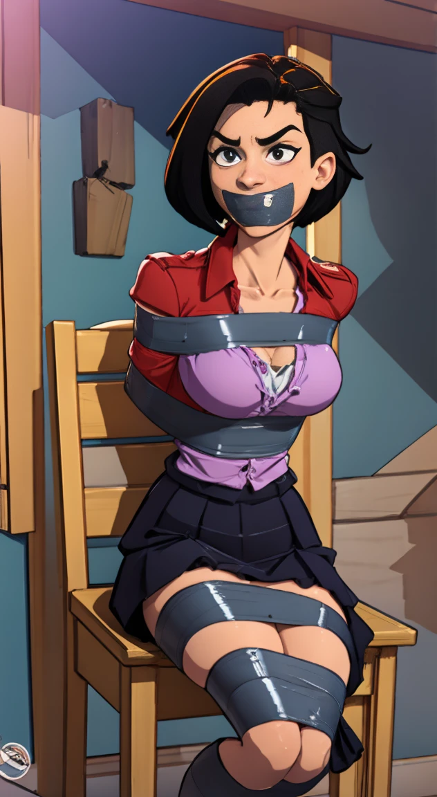 Highest quality, masterpiece, high resolution, 8k, cinematic lighting, sharp resolution, medium shot, 1 woman with chin length hair, short hair, dark bob cut, thick hair, center part, undercut nape, stacked bob, voluminous hair, luxurious hair, in her 30s, purple blouse, knee length, skirt, dark stockings, and calf boots, baggy blouse, wrinkled clothing, detailed face, looking at viewer, focus on face, photo realistic, character, video game cut scene, smooth, anime, detailed face, perfect skin, beautiful, Insanely detailed, close up, taped mouth, ((tape gag): 1.4), gag, ((gagged)), (((arms bound behind back))), elbows taped, wrists taped, desperate struggle, thrashing, arched back, in vehicle, in car seat, being taken away, driven away, abducted, frightened, pleading eyes, desperate escape attempt, stalker, , true crime, peril, impending