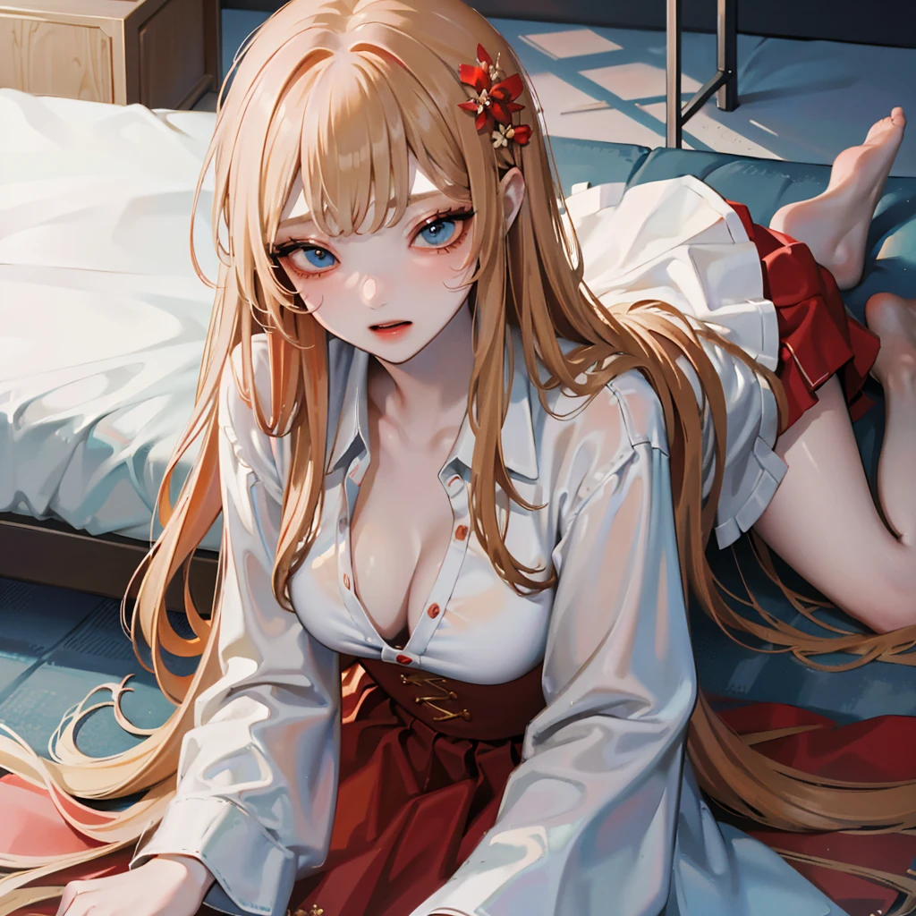 masterpiece, Highest quality, 8k wallpaper, Very detailed, A girl about , (Golden Hair:1.1), Long Hair, fine grain、(Red Skirt)、 White dress shirt,(A single large red flower hair ornament:1.1),Light blue eyes、drunken eyes ,looking down、embarrassed,ceiling,On the bed、get down on all fours,(cleavage cutout:1.2),(handjob:1.1)
