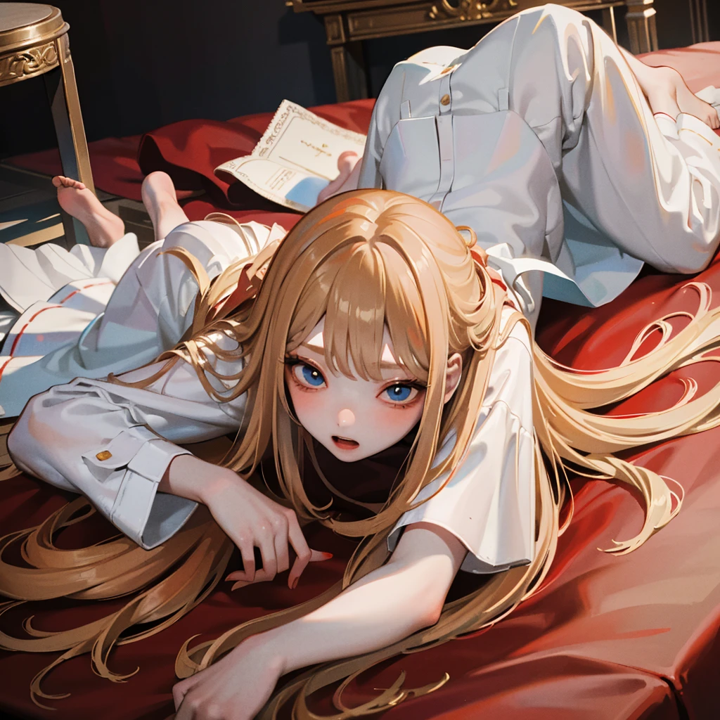 masterpiece, Highest quality, 8k wallpaper, Very detailed, A girl about ************, (Golden Hair:1.1), Long Hair, fine grain、(Red Skirt)、 White dress shirt,(A single large red flower hair ornament:1.1)，Light blue eyes、drunken eyes ，looking down、embarrassed，ceiling，On the bed、get down on all fours，(cleavage cutout:1.2)，(handjob:1.1)