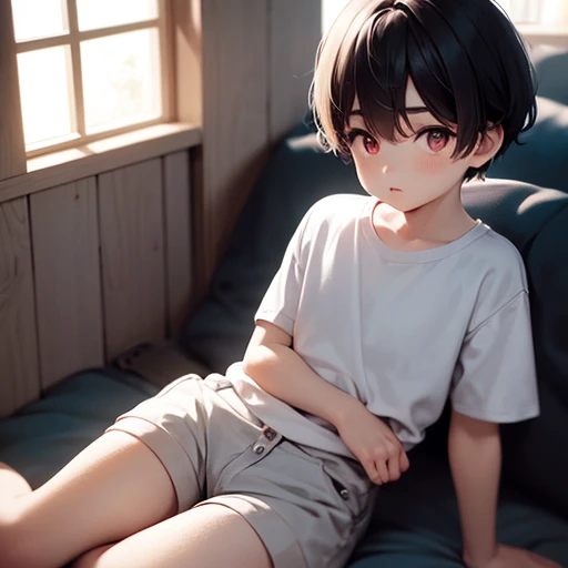 cute boy, Boy 1, 10 years old, Pinkish white skin, Short black hair, two-block style., red eyes, Wear shorts., Take off your shirt.., sitting on the bed,