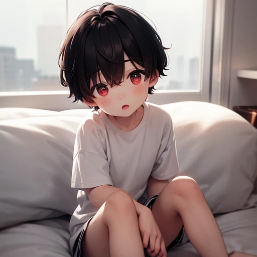 cute boy, Boy 1, 10 years old, Pinkish white skin, Short black hair, two-block style., red eyes, Wear shorts., Take off your shirt.., sitting on the bed,