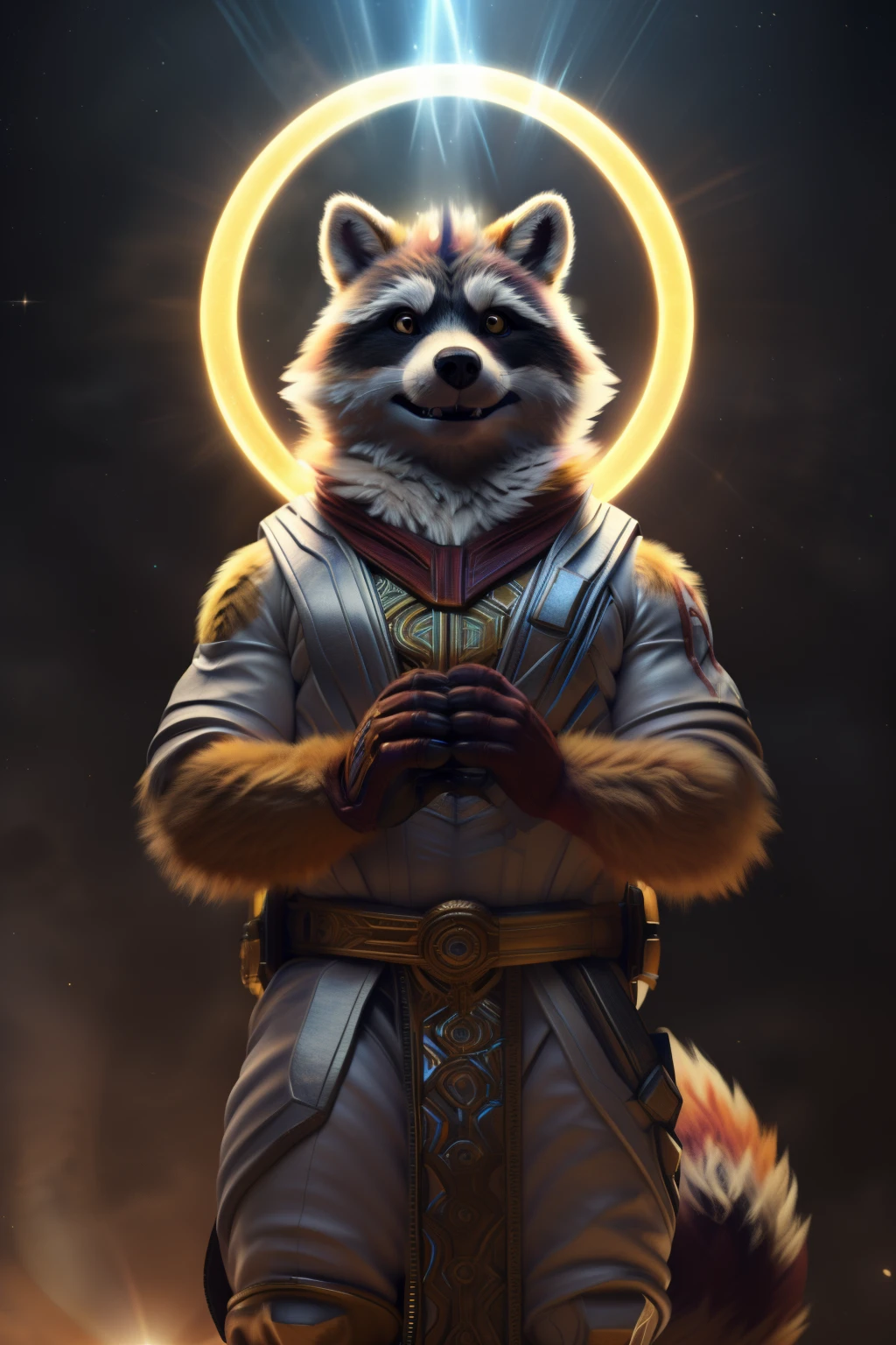 (Raccoon with halo, anthro, 3D render, full body, male, religious theme, golden halo, bright eyes, gleaming fur, detailed face, detailed body, soft shine, divine aura, by ArtbyRaccoon, by Halodoodles, best quality, masterpiece, heavenly, halo effect, angelic, reverent, spiritual, intricate, high detail, dramatic, realistic, lighting effects, ethereal, realistic, vibrant colors, looking at viewer, expressive, divine, serene, self-assured)