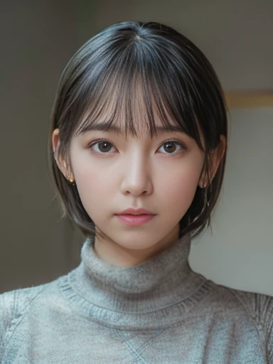 (Representative works: 1.3), (8K, Realistic, RAW Photos, Best image quality: 1.4), (20-year-old female),Small face, Beautiful Face, (Realistic Face),No makeup、Natural Makeup、light makeup、 (Dark brown, short hair: 1.3 Beautiful hairstyle, Realistic eyes, Beautiful attention to detail, (Photorealistic Skin), Beautiful Skin, (sweater),、Bust B cup、 Confused, charm, High resolution, Ultra-realistic, High resolution, Golden Ratio, Korean Idol, Gray background、