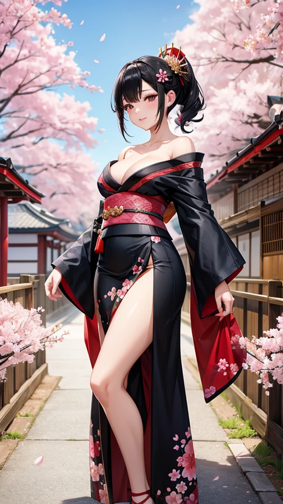 Black hair geisha hairstyle adult women,kimono,Off-shoulder,cleavage,Bare Legs,Japanese Street,Cherry blossoms