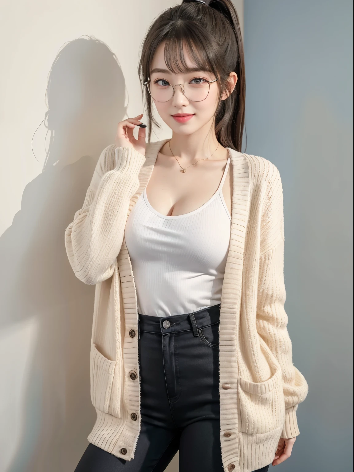 (Best quality, masterpiece, detailed), (RAW, 4k, hd images), 1 girl, 17 years old, white skin, long hair, ponytail, layers hair, 7bangs, black hair, beautiful girl, cute girl, sweet girl, pretty girl, perfect girl, perfect body, pretty eyes, blue eyes, thin lips, (eye line, lip soft), round breast, glasses(detailed frame), indoors, smile, thigh, legs, long legs, cardigan, pants, standing facing, white wall background, photo on the middle facing camera, full body